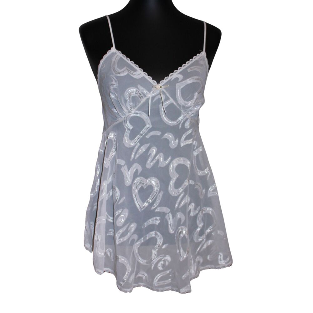 White Cream Heart Sheer Babydoll Slip Nightgown M